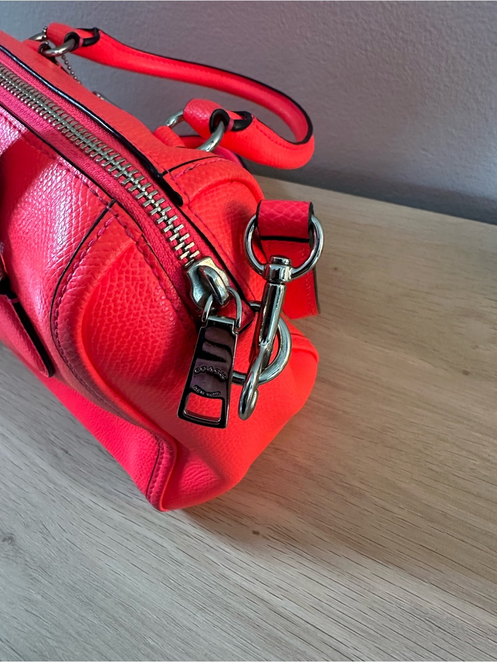 Coach Bright Neon Pink Pebbled Leather Satchel, Mini Bennett Handbag - Picture 5 of 12